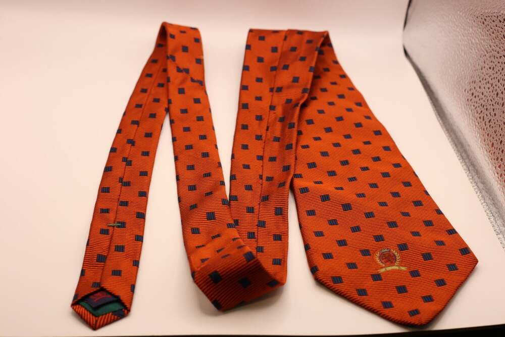 Tommy Hilfiger Men's Silk Necktie in Orange with Navy Blue Square Pattern